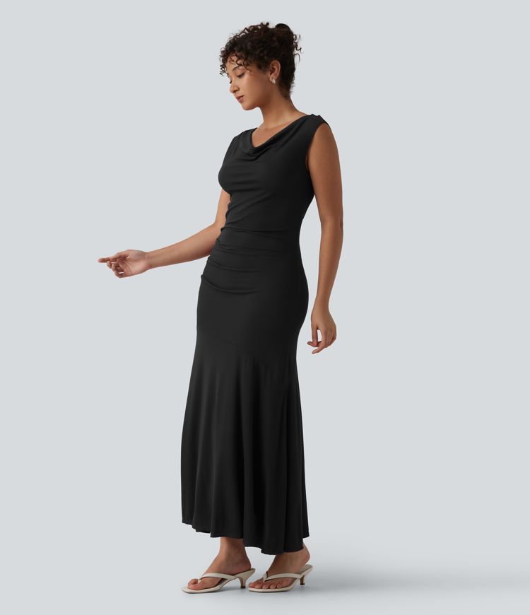 Robe décontractée maxi sans manches col drapé maille côtelée