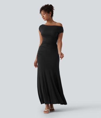 Robe décontractée maxi sans manches col drapé maille côtelée