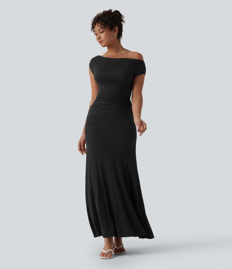 Robe décontractée maxi sans manches col drapé maille côtelée