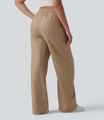 Pantalon décontracté en lin mélangé, taille haute, poches latérales, cordon de serrage et jambes larges