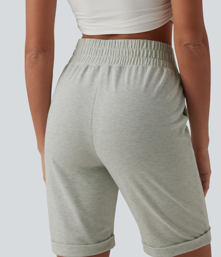 High Waisted Rolled Hem Casual Shorts with Pockets