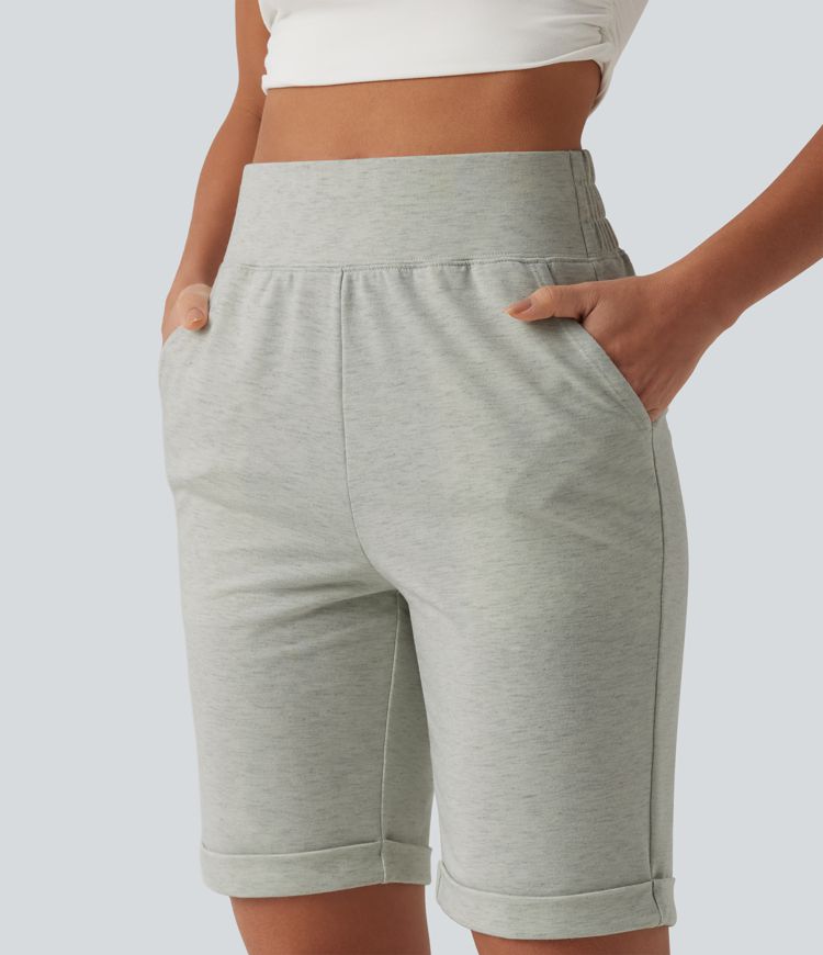 High Waisted Rolled Hem Casual Shorts with Pockets