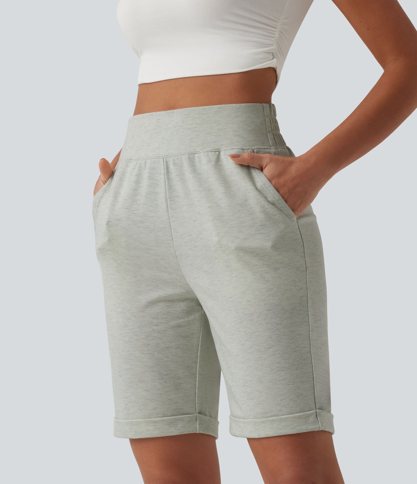 High Waisted Rolled Hem Casual Shorts with Pockets