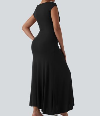 Robe décontractée maxi sans manches col drapé maille côtelée