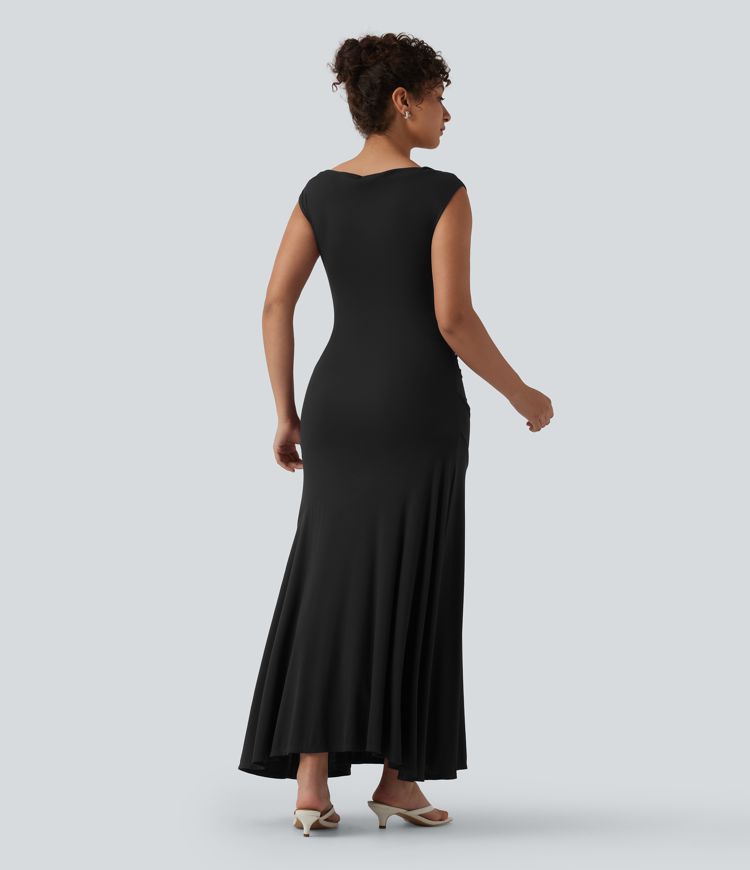 Robe décontractée maxi sans manches col drapé maille côtelée