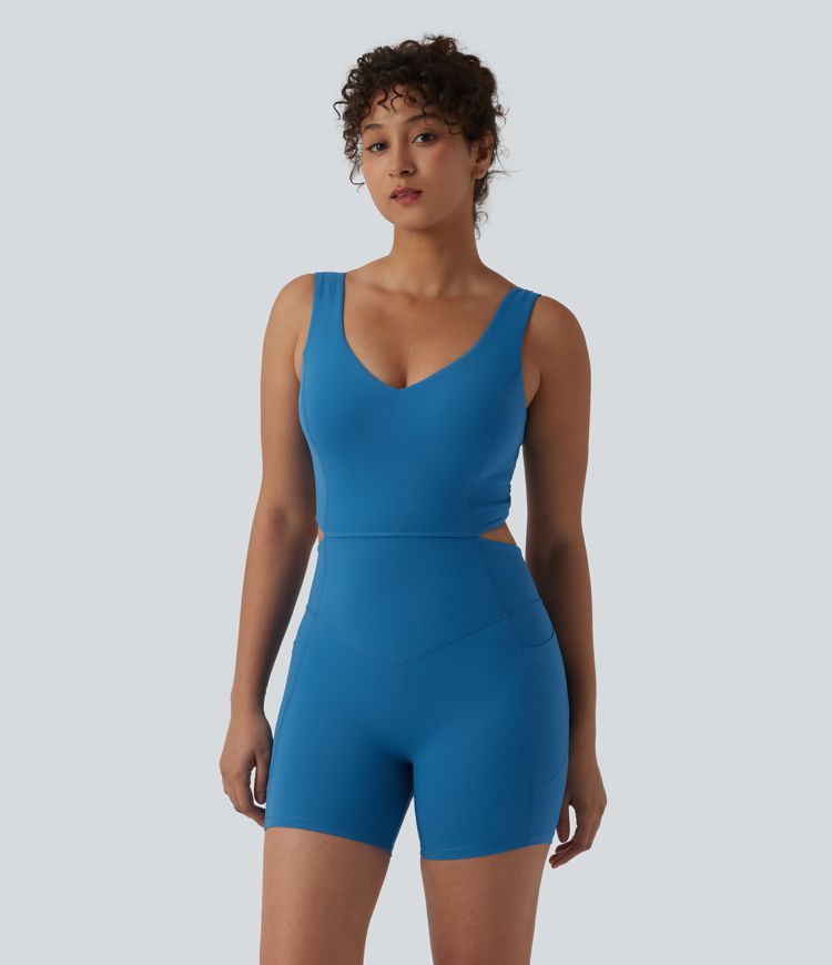 Halara UltraSculpt™ Crisscross Backless Tummy Control Butt Lifting Scrunch Non-Removable Pad Workout Skinny Playsuit with Pockets-Easy Peezy