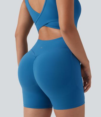 Halara UltraSculpt™ Crisscross Backless Tummy Control Butt Lifting Scrunch Non-Removable Pad Workout Skinny Playsuit with Pockets-Easy Peezy