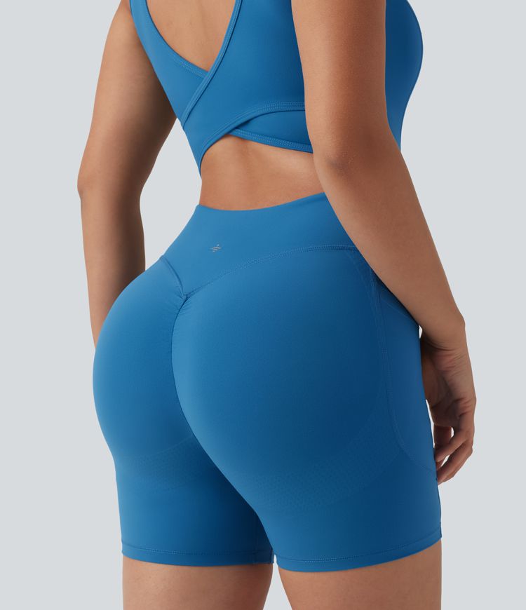 Halara UltraSculpt™ Crisscross Backless Tummy Control Butt Lifting Scrunch Non-Removable Pad Workout Skinny Playsuit with Pockets-Easy Peezy