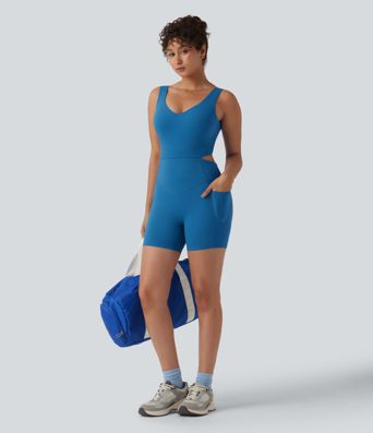 Halara UltraSculpt™ Crisscross Backless Tummy Control Butt Lifting Scrunch Non-Removable Pad Workout Skinny Playsuit with Pockets-Easy Peezy