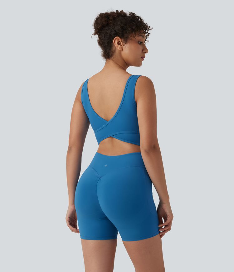 Halara UltraSculpt™ Crisscross Backless Tummy Control Butt Lifting Scrunch Non-Removable Pad Workout Skinny Playsuit with Pockets-Easy Peezy
