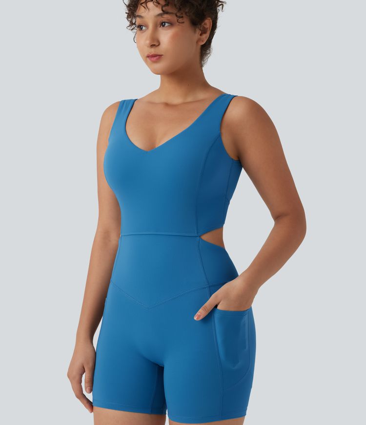 Halara UltraSculpt™ Crisscross Backless Tummy Control Butt Lifting Scrunch Non-Removable Pad Workout Skinny Playsuit with Pockets-Easy Peezy