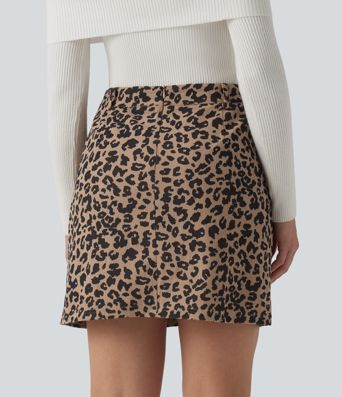 High Waisted 2-in-1 Leopard Print Mini Casual Skirt with Pocket-Longer Length