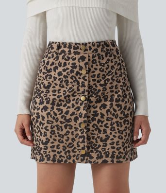 High Waisted 2-in-1 Leopard Print Mini Casual Skirt with Pocket-Longer Length