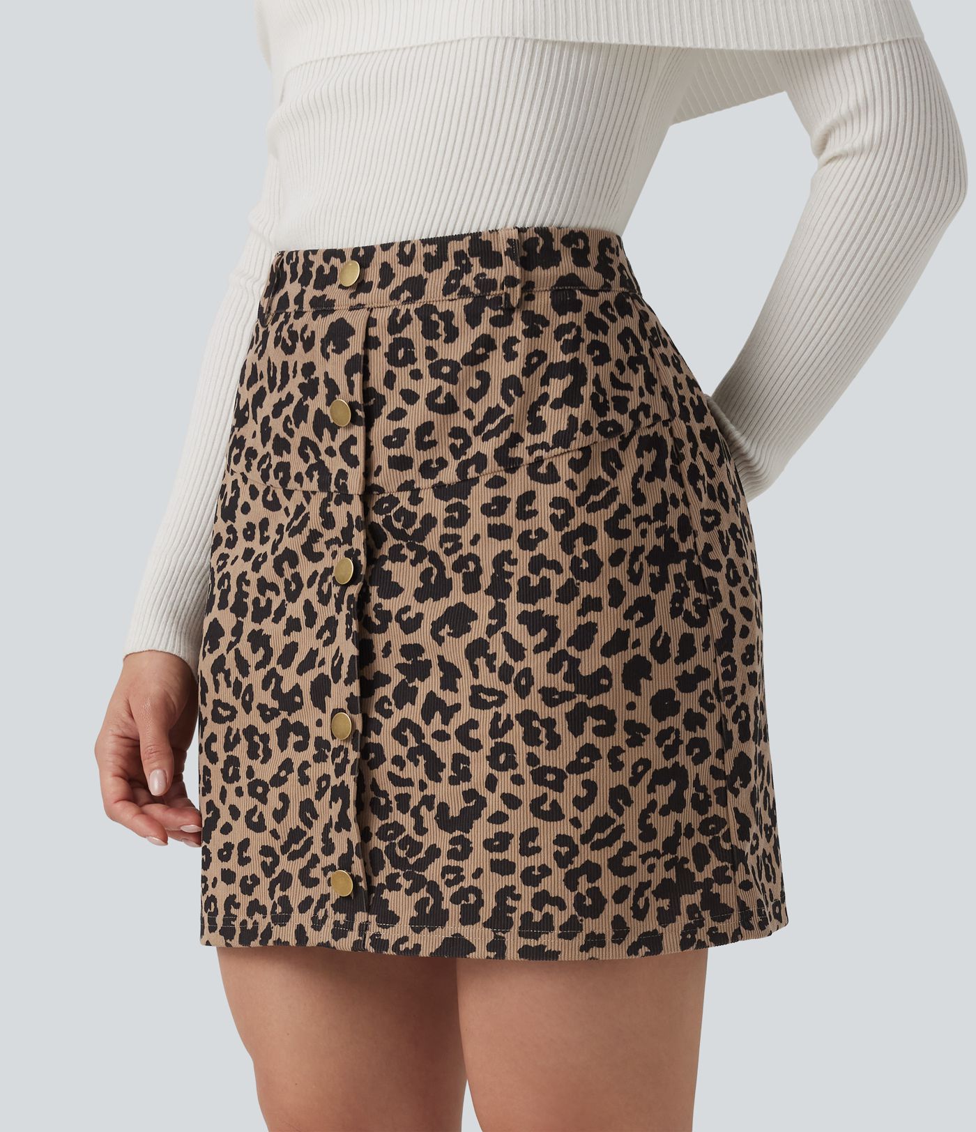 High Waisted 2-in-1 Leopard Print Mini Casual Skirt with Pocket-Longer Length