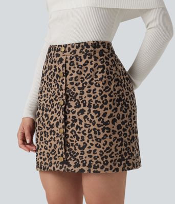 High Waisted 2-in-1 Leopard Print Mini Casual Skirt with Pocket-Longer Length
