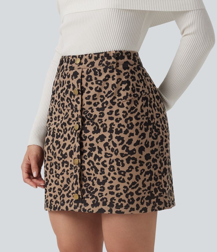 High Waisted 2-in-1 Leopard Print Mini Casual Skirt with Pocket-Longer Length