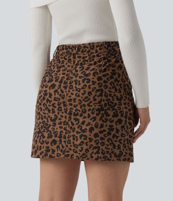 High Waisted 2-in-1 Leopard Print Mini Casual Skirt with Pocket-Longer Length High Waisted 2-in-1 Leopard Print Mini Casual Skirt with Pocket-Longer Length