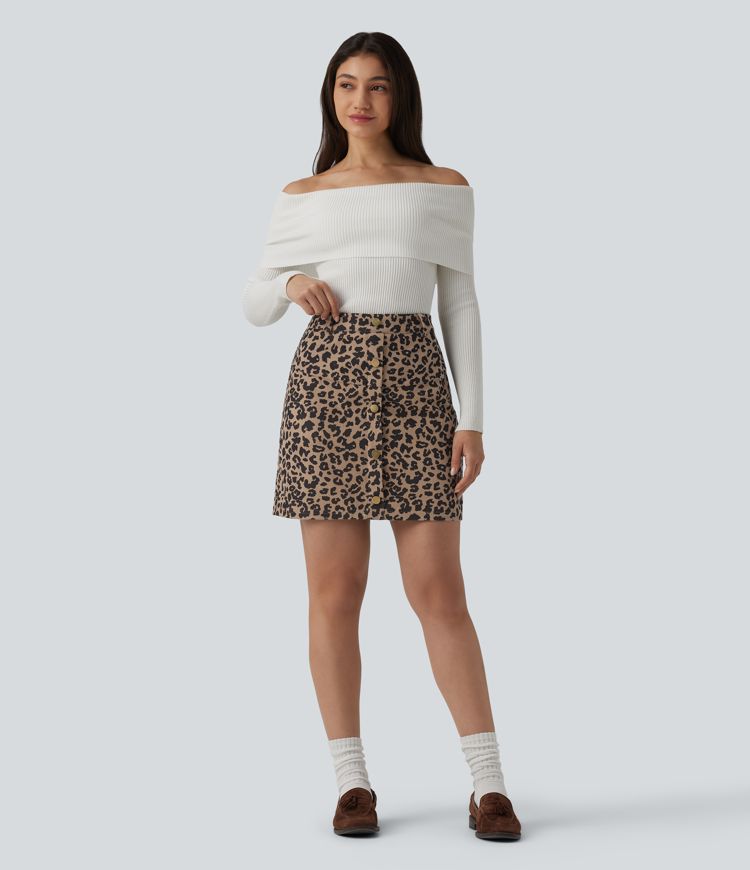 High Waisted 2-in-1 Leopard Print Mini Casual Skirt with Pocket-Longer Length