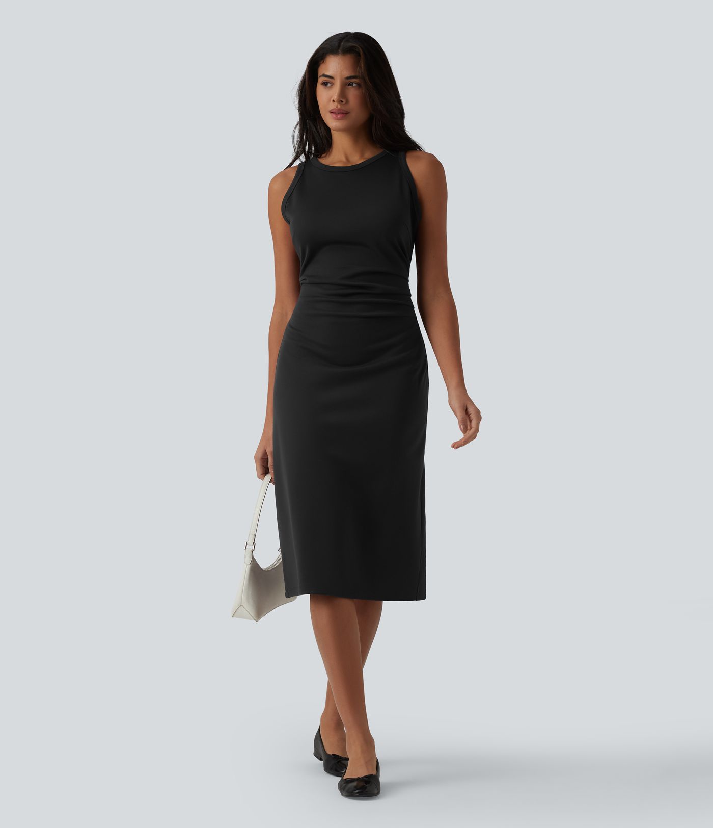 Round Neck Sleeveless Ruched Midi Casual Bodycon Dress Round Neck Sleeveless Ruched Midi Casual Bodycon Dress