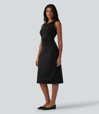 Round Neck Sleeveless Ruched Midi Casual Bodycon Dress