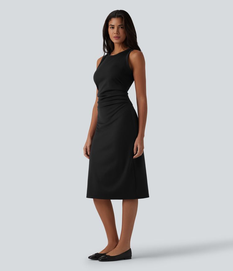 Round Neck Sleeveless Ruched Midi Casual Bodycon Dress