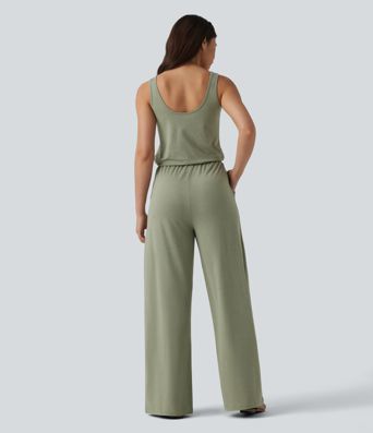 U-Neck Sleeveless Drawstring Heathered Casual Baggy Jumpsuit with Pockets-Easy Peezy