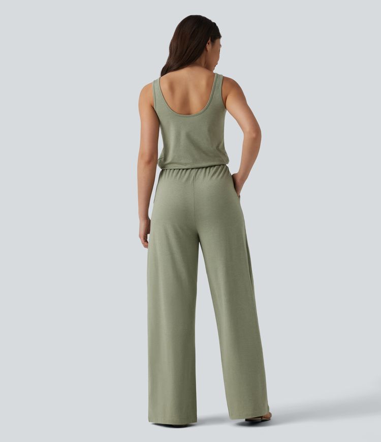 U-Neck Sleeveless Drawstring Heathered Casual Baggy Jumpsuit with Pockets-Easy Peezy