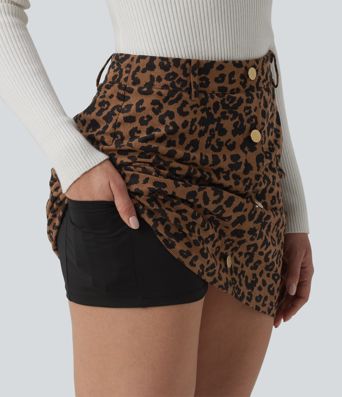 High Waisted 2-in-1 Leopard Print Mini Casual Skirt with Pocket-Longer Length High Waisted 2-in-1 Leopard Print Mini Casual Skirt with Pocket-Longer Length