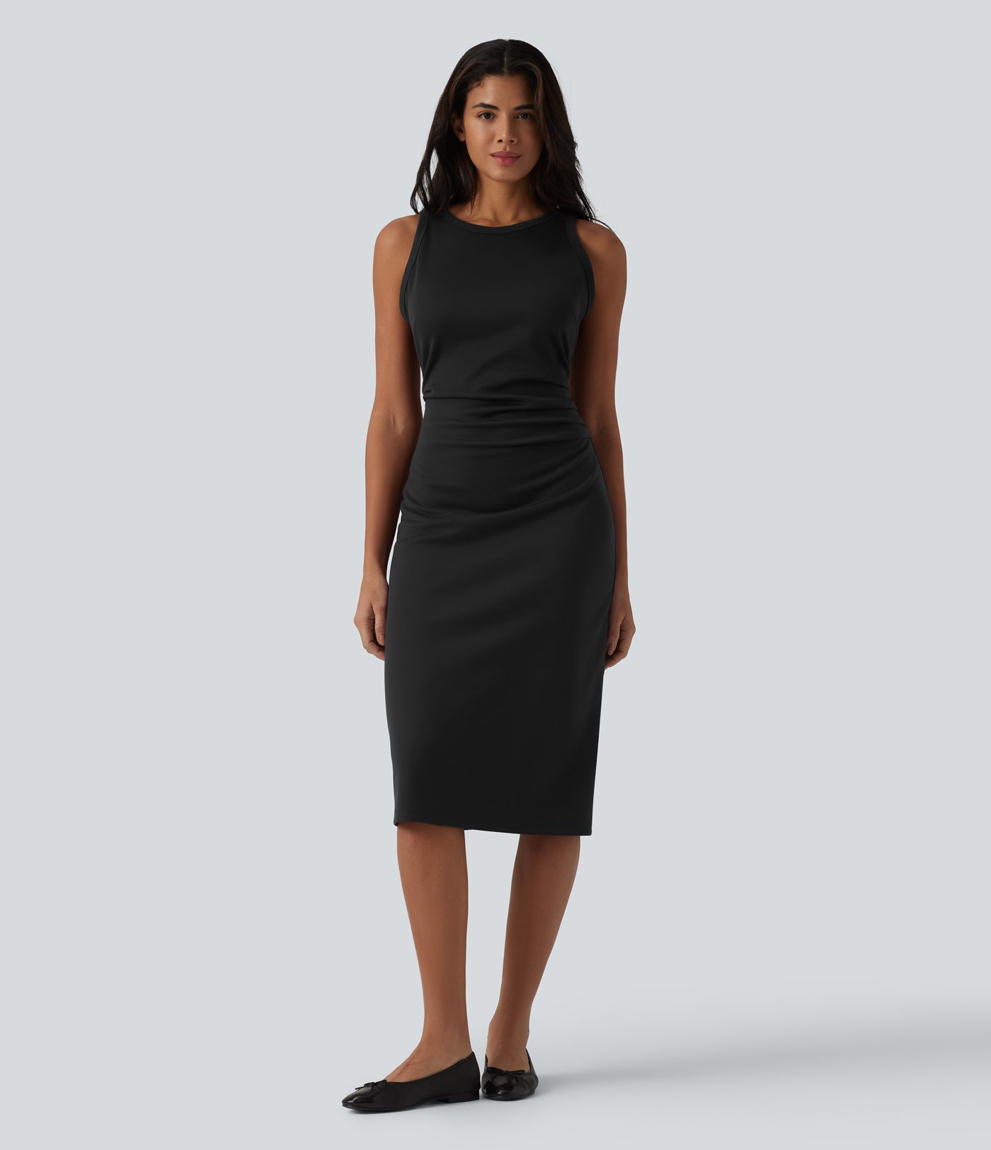 Round Neck Sleeveless Ruched Midi Casual Bodycon Dress Round Neck Sleeveless Ruched Midi Casual Bodycon Dress