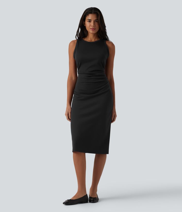 Round Neck Sleeveless Ruched Midi Casual Bodycon Dress