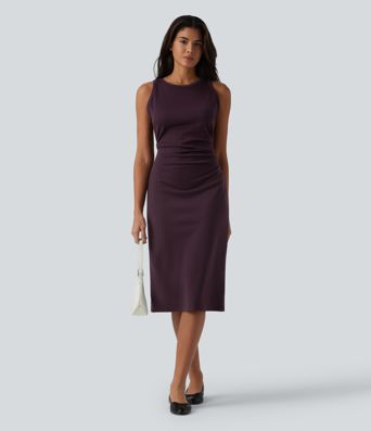 Ärmelloses, gerafftes, figurbetontes Midikleid mit Rundhalsausschnitt