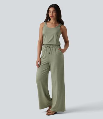 U-Neck Sleeveless Drawstring Heathered Casual Baggy Jumpsuit with Pockets-Easy Peezy