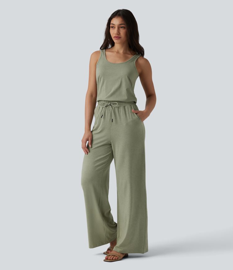 U-Neck Sleeveless Drawstring Heathered Casual Baggy Jumpsuit with Pockets-Easy Peezy