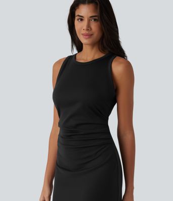 Round Neck Sleeveless Ruched Midi Casual Bodycon Dress