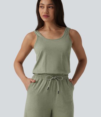 U-Neck Sleeveless Drawstring Heathered Casual Baggy Jumpsuit with Pockets-Easy Peezy