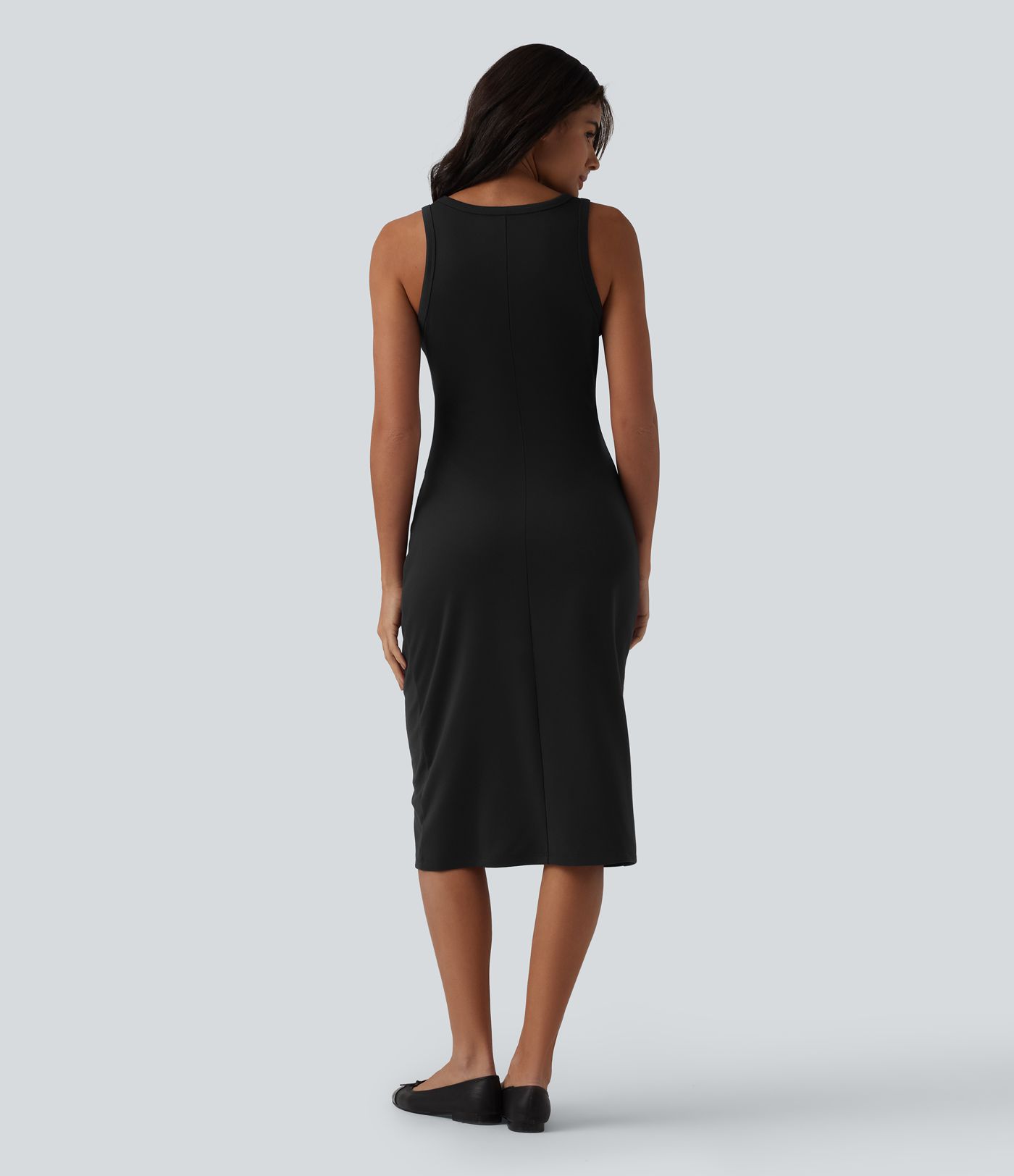 Round Neck Sleeveless Ruched Midi Casual Bodycon Dress Round Neck Sleeveless Ruched Midi Casual Bodycon Dress