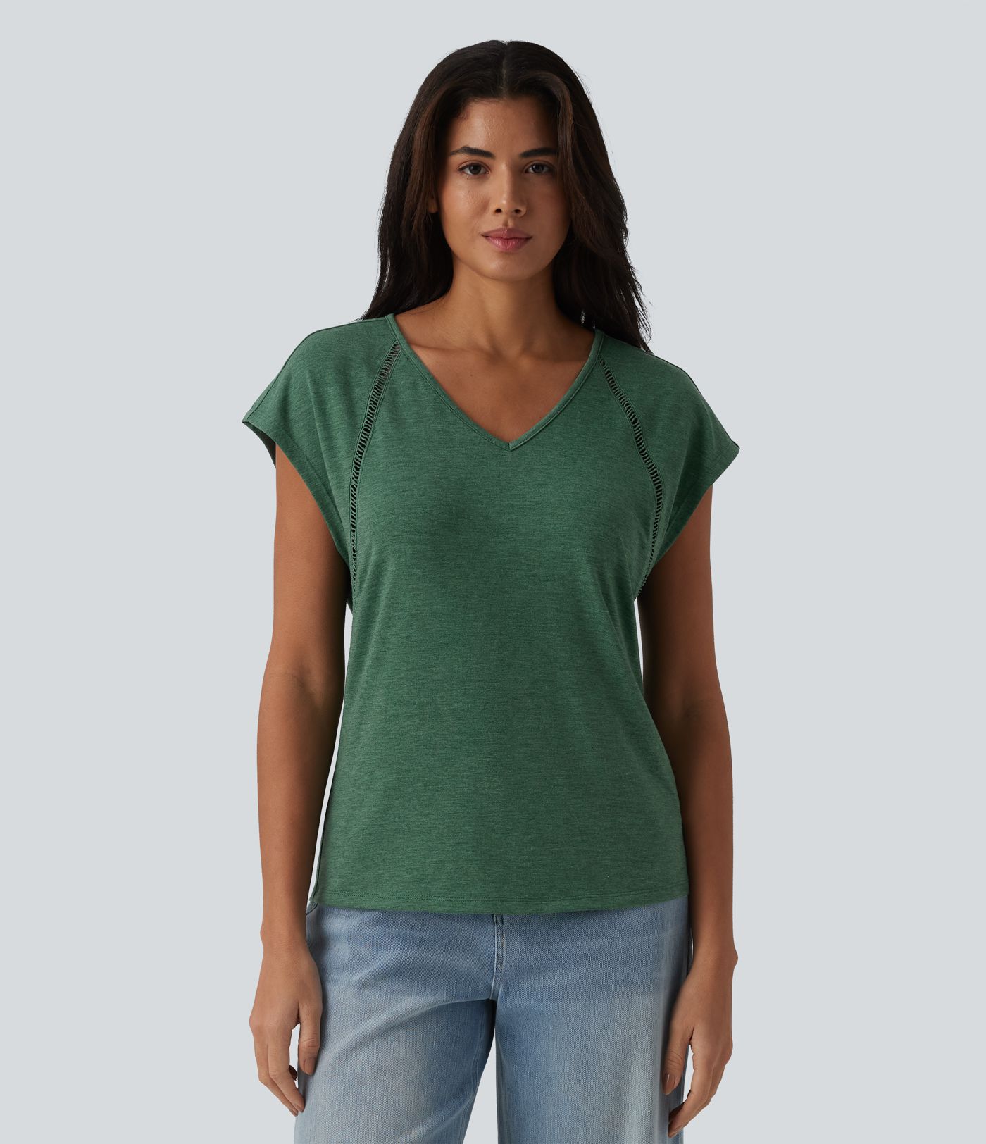 V Neck Batwing Short Sleeve Heathered Casual T-Shirt