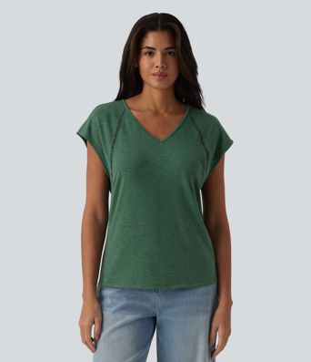 V Neck Batwing Short Sleeve Heathered Casual T-Shirt