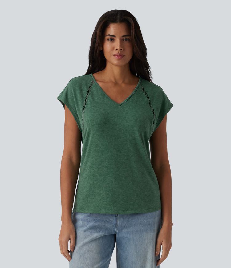 V Neck Batwing Short Sleeve Heathered Casual T-Shirt