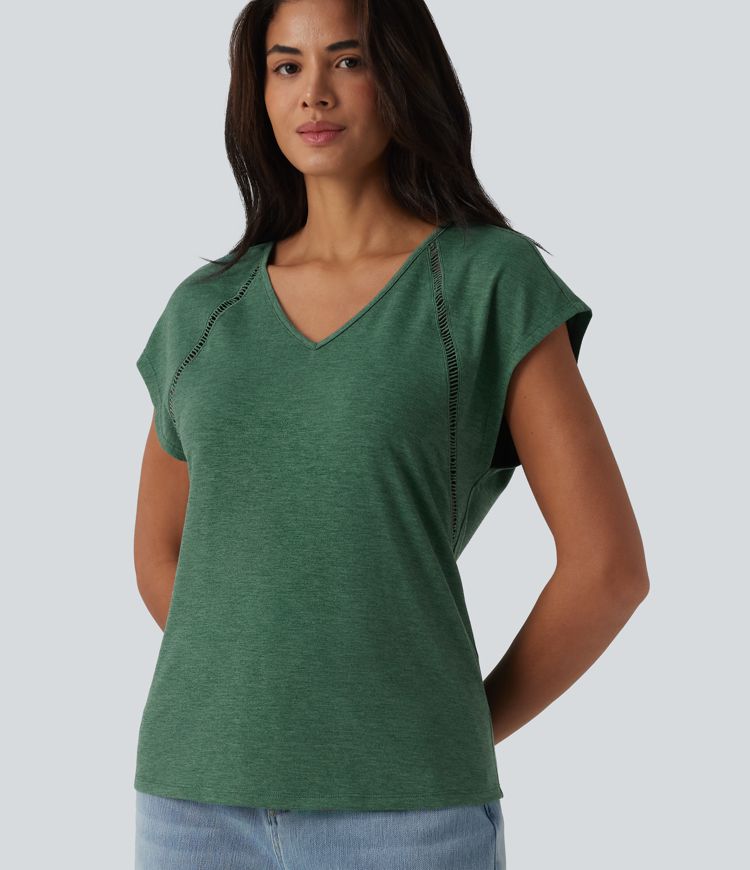 V Neck Batwing Short Sleeve Heathered Casual T-Shirt