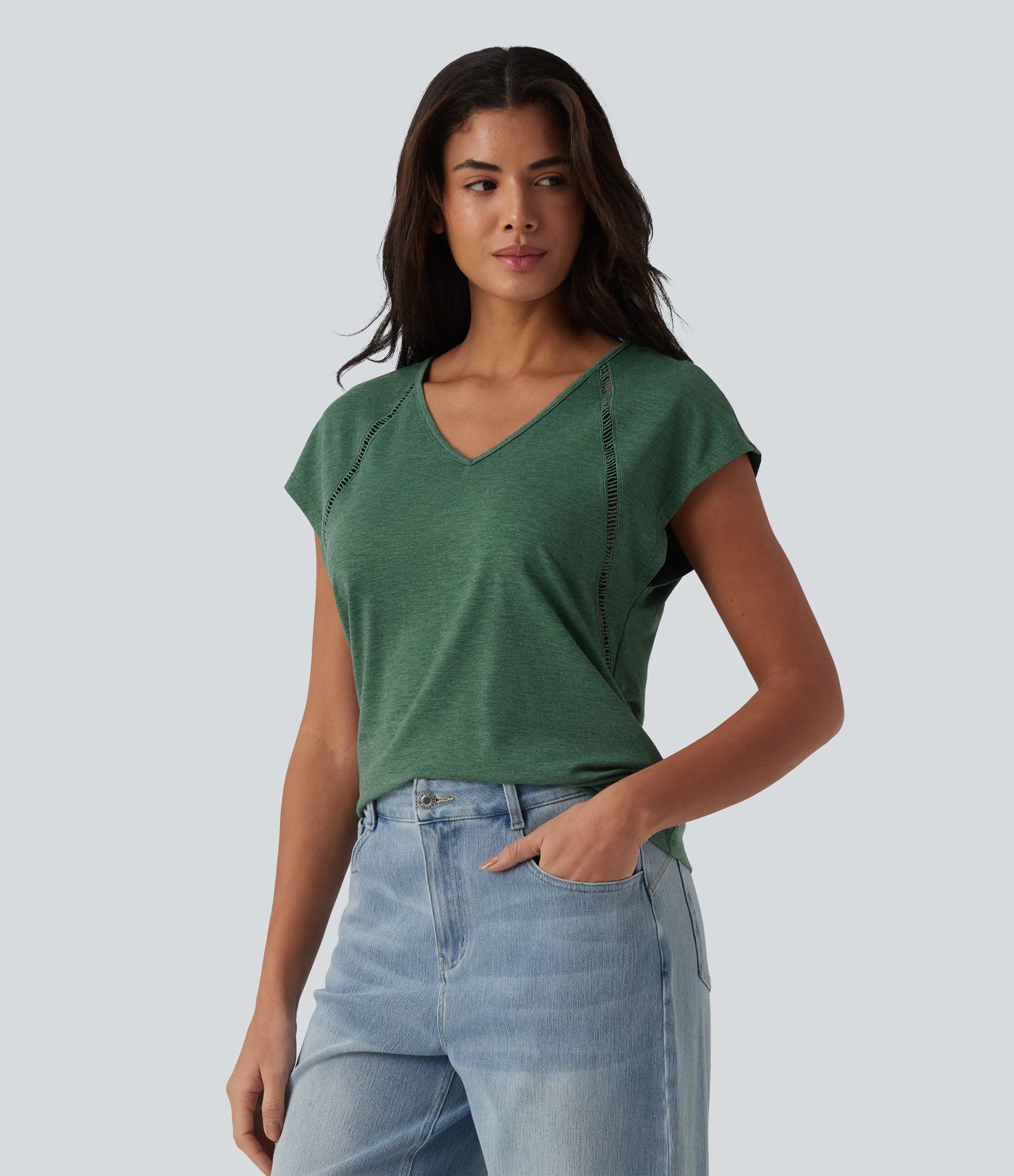 V Neck Batwing Short Sleeve Heathered Casual T-Shirt