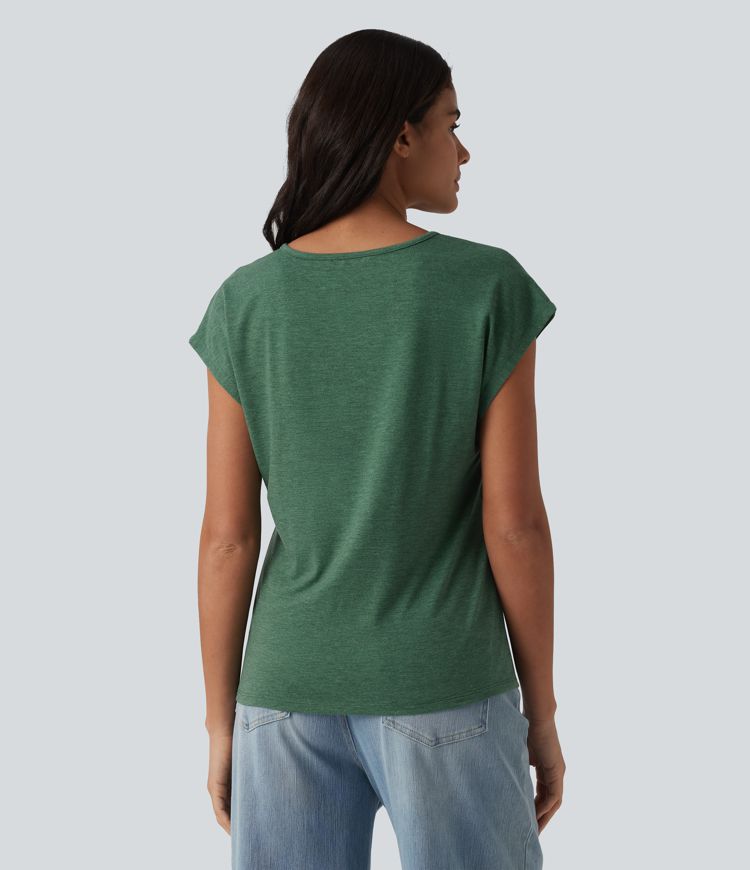V Neck Batwing Short Sleeve Heathered Casual T-Shirt
