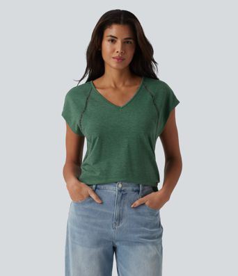 V Neck Batwing Short Sleeve Heathered Casual T-Shirt