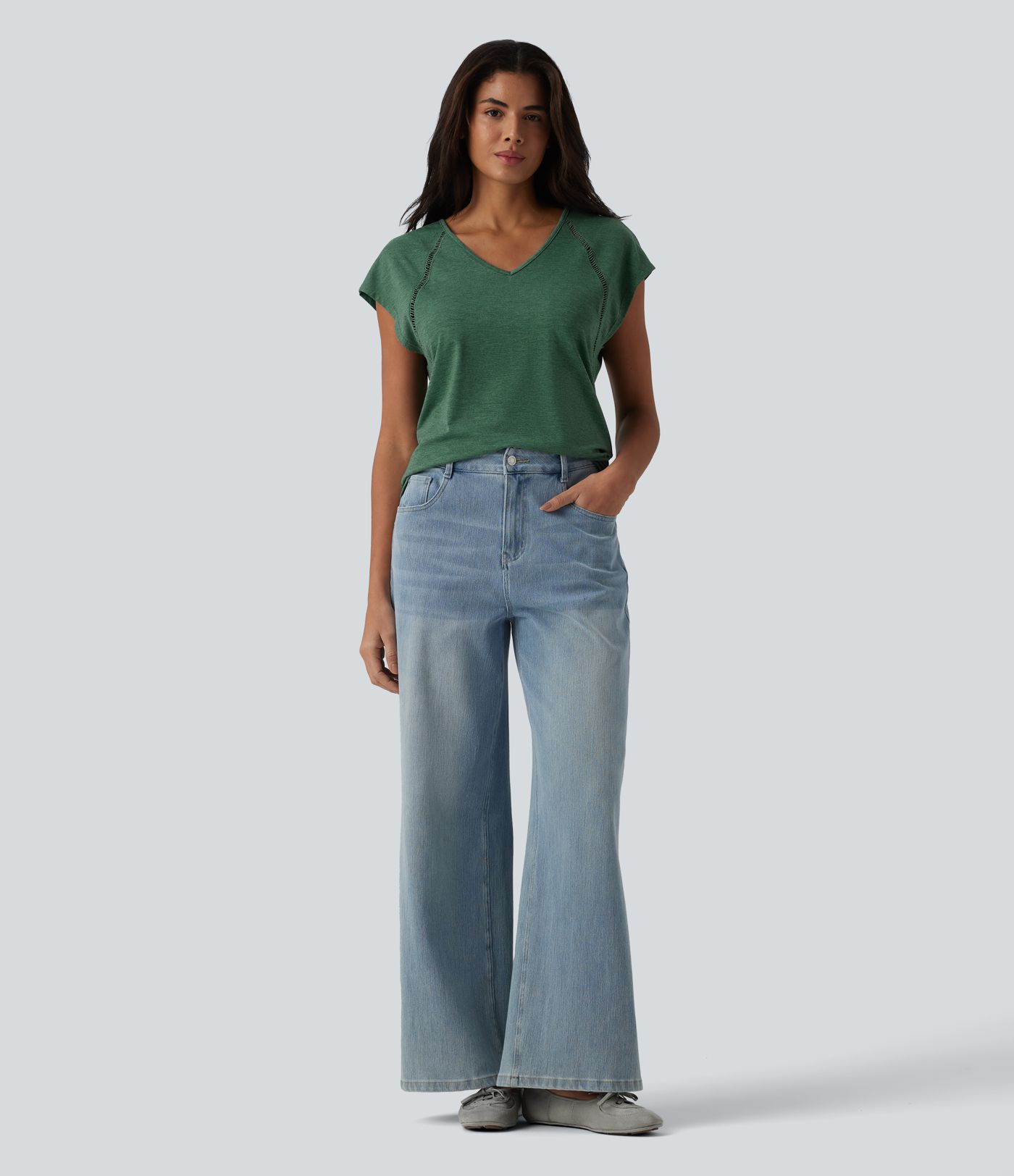 V Neck Batwing Short Sleeve Heathered Casual T-Shirt