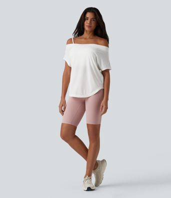 Asymmetrisches Yoga-Sport-Top mit kurzen Ärmeln, integriertem BH, One-Shoulder-Design und abgerundetem Saum - schnelltrocknend