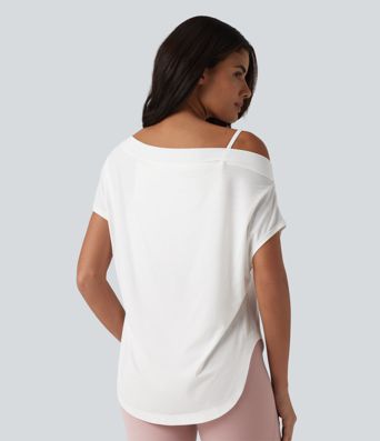 Asymmetrisches Yoga-Sport-Top mit kurzen Ärmeln, integriertem BH, One-Shoulder-Design und abgerundetem Saum - schnelltrocknend