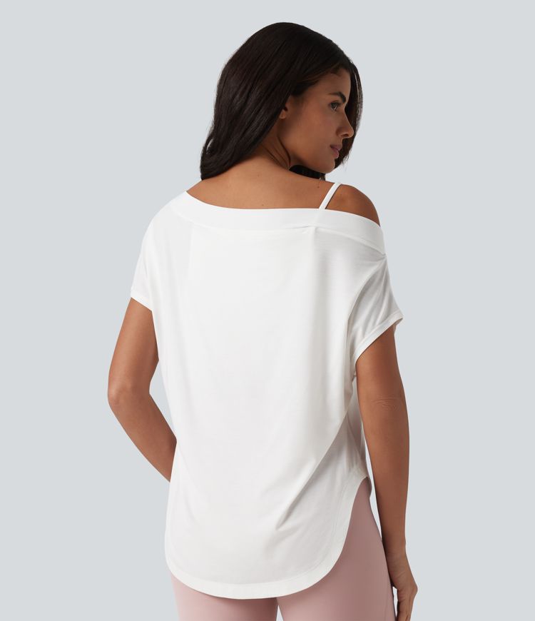Asymmetrisches Yoga-Sport-Top mit kurzen Ärmeln, integriertem BH, One-Shoulder-Design und abgerundetem Saum - schnelltrocknend