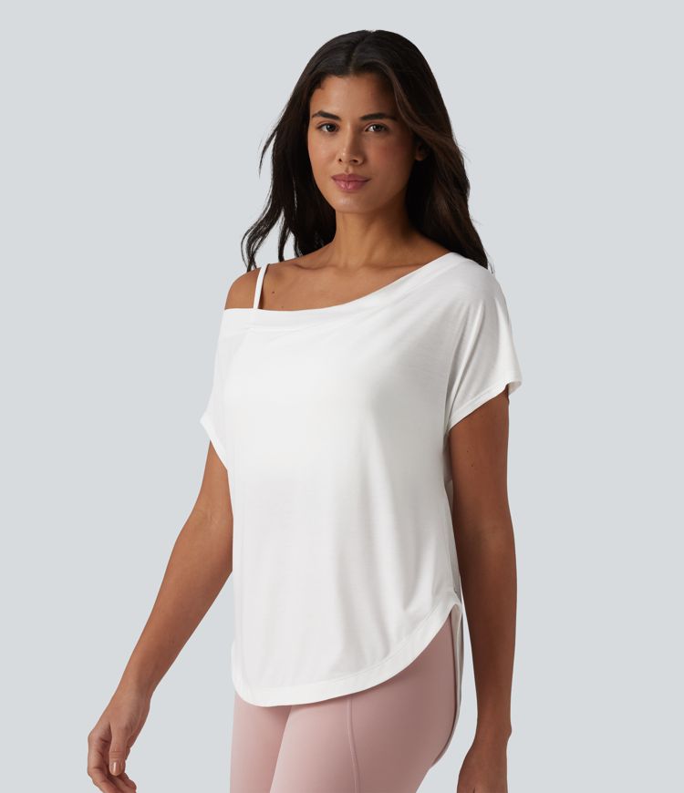 Asymmetrisches Yoga-Sport-Top mit kurzen Ärmeln, integriertem BH, One-Shoulder-Design und abgerundetem Saum - schnelltrocknend