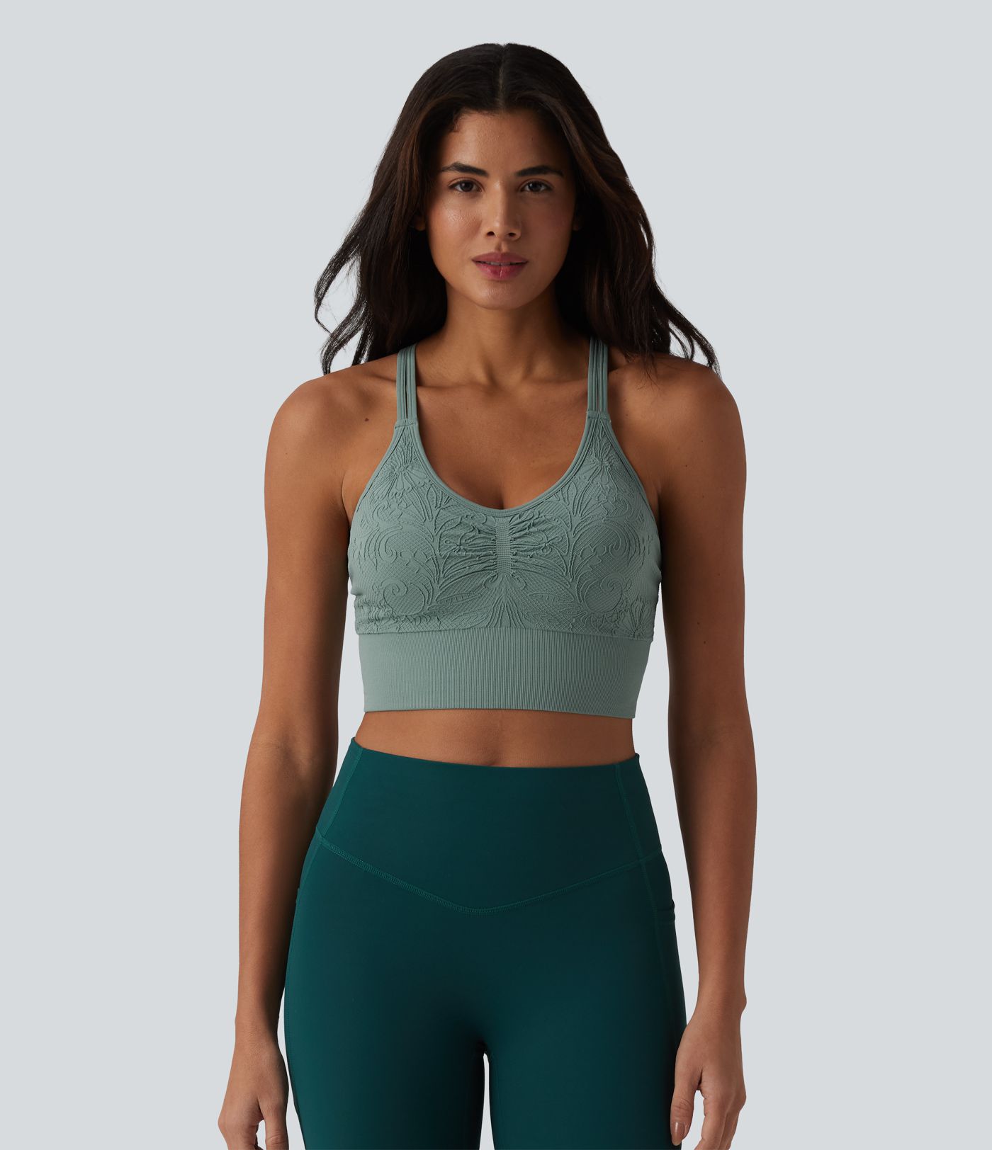 OneForm Seamless Flow Jacquard Crisscross Backless Ruched Built-in Bra Yoga Cropped Tank Top OneForm Seamless Flow Jacquard Crisscross Backless Ruched Built-in Bra Yoga Cropped Tank Top