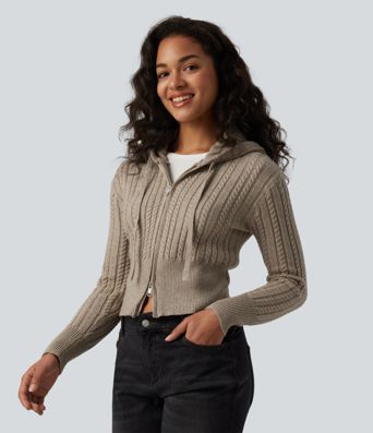 Hooded Zip Fly Cable Knit Casual Cardigan